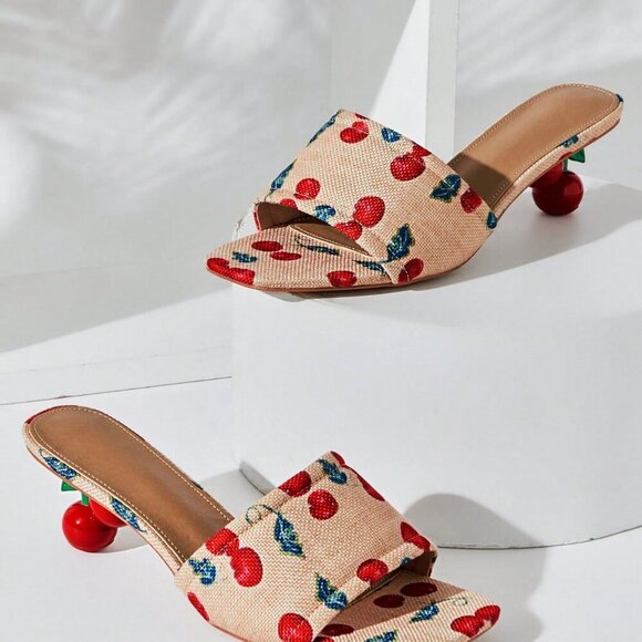 Beige Cute Women's Cherry Shaped Heel Sandals - Picture 5 of 7